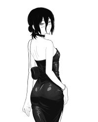  absurdres alternate_costume back bag blush bracelet chainsaw_man choker dress facing_away grenade_pin handbag highres jewelry kurohana14 looking_at_viewer looking_back monochrome reze_(chainsaw_man) sleeveless sleeveless_dress smile white_background 