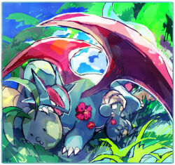  alolan_exeggutor bagon border claws commentary_request flower hibiscus kantarou_(8kan) open_mouth outdoors pokemon pokemon_(creature) red_flower salamence white_border 