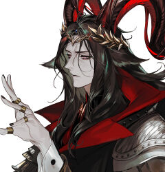  1boy animal_ears arknights black_hair brown_horns chinese_commentary commentary_request hand_up highres horns kaifei_(kaifei_29) lapels laurel_crown long_hair looking_ahead loose_hair_strand multicolored_horns multiple_horns narrowed_eyes portrait red_horns serious sheep_boy sheep_ears sheep_horns solo two-tone_horns white_background 