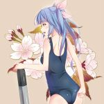 1girl ass blue_hair flower from_behind i-19_(kantai_collection) kantai_collection long_hair personification red_eyes school_swimsuit shuuichi swimsuit torpedo twintails 