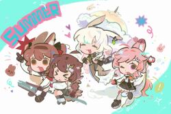  ! >_< 4girls :< :d ^_^ ahoge angelina_(arknights) angelina_the_mellow_wish_(arknights) animal_ear_fluff animal_ears arknights black_collar black_gloves black_hairband brown_eyes brown_hair chibi chibi_only chinese_commentary closed_eyes collar commentary_request dress fox_ears fox_girl full_body gloves hair_between_eyes hairband highres jacinta_(arknights) long_hair long_sleeves multiple_girls nao_nao_brain one_eye_closed open_mouth pink_hair pointing rabbit_ears rabbit_girl raccoon_ears raccoon_girl smile spoken_exclamation_mark staff_riding standing standing_on_one_leg thumpy_(arknights) timeslot_(arknights) twintails white_dress white_hair 
