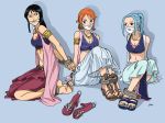  3girls armlet barefoot bdsm black_hair blue_background blue_eyes blue_hair blue_nails bondage bound_ankles bound_wrists breasts brown_eyes cleavage cleave_gag earrings gag high_heels jewelry long_hair lost1zero midriff multiple_girls nail_polish nami navel necklace nefertari_vivi nico_robin one_piece orange_hair ponytail red_nails sandals shackle shadow signature sitting skirt sleeveless sweat toe_ring violet_eyes 