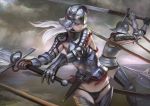  armor arms_up battle breasts clouds dagger gauntlets long_hair multiple_girls navel original panties silver_hair sky sword underwear weapon xiaji yellow_eyes 