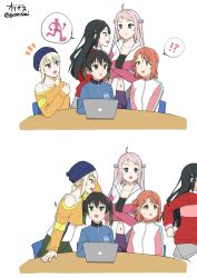  blue_hat chair commentary_request crossed_arms hat highres jacket love_live! love_live!_nijigasaki_high_school_idol_club miyashita_ai multicolored_jacket nijigasaki_track_jacket ohrinas open_clothes open_jacket red_jacket running sitting surprised takasaki_yu track_jacket turtleneck turtleneck_jacket uehara_ayumu yuki_setsuna zhong_lanzhu 
