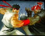  2boys battle black_hair dougi eyebrows fingerless_gloves gloves glowing glowing_eyes gouki headband motion_blur multiple_boys muscle red_eyes redhead ryuu_(street_fighter) sleeveless steven_mack street_fighter thick_eyebrows topknot 