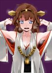  1girl ahoge arms_up blue_eyes blush breasts brown_hair cleavage detached_sleeves full-face_blush growl_f headgear heavy_breathing japanese_clothes kantai_collection kongou_(kantai_collection) long_hair simple_background solo wide_sleeves 