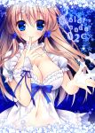  1girl blue_eyes breasts brown_hair cleavage dress english finger_to_mouth navel_cutout sorai_shin&#039;ya star tagme 