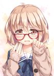  1girl blush bob_cut brown_eyes brown_hair cardigan glasses highres kokutou_(kazuakifca) kuriyama_mirai kyoukai_no_kanata open_mouth red-framed_glasses school_uniform short_hair sleeves_past_wrists solo yellow_eyes 