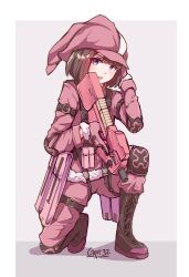  1girl absurdres animal_ear_headwear artist_name belt belt_pouch black_belt black_boots blunt_bangs boots border brown_hair bullpup child commentary fn_p90 full_body gar32 gloves gun hand_up hat highres holding holding_weapon jacket knee_boots lace-up_boots llenn_(sao) looking_at_viewer machine_gun medium_hair on_one_knee outside_border p-chan_(p90) pants pink_eyes pink_gloves pink_hat pink_jacket pink_pants pouch purple_background solo submachine_gun sword_art_online sword_art_online_alternative:_gun_gale_online watermark weapon white_border 