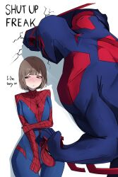  1boy 1girl absurdres against_wall blue_bodysuit bodysuit broken_wall brown_eyes brown_hair closed_mouth commentary_request english_text freckles genderswap genderswap_(mtf) hidden-nickx highres holding holding_mask long_sleeves looking_to_the_side marvel mask multicolored_bodysuit peter_parker red_bodysuit short_hair simple_background spider-man spider-man_(2099) spider-man_(original_suit) spider-man_(series) superhero_costume two-tone_bodysuit white_background 