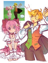 ... 1boy 1girl blonde_hair bow brown_pants chest_jewel closed_eyes collared_shirt crossover deltarune dress east-west_crossover elbow_gloves flowery_(deltarune) frilled_dress frills gem gloves hair_bow hanniecoole highres holding holding_unworn_clothes jojo_pose kaname_madoka kaname_madoka_(magical_girl) kujo_jotaro's_pose magical_girl mahou_shoujo_madoka_magica mahou_shoujo_madoka_magica_(anime) medium_hair open_mouth pants pink_eyes pink_gem pink_hair puffy_short_sleeves puffy_sleeves red_bow roblox shirt short_hair short_sleeves short_twintails simple_background soul_gem_(madoka_magica) spoken_ellipsis twintails two-tone_vest utdr_(toby_fox) vest white_background white_shirt
