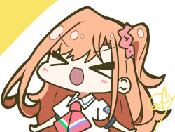  >_< 1girl :d blush collared_shirt commentary facing_viewer highres ikizulive!_love_live!_bluebird love_high_school_uniform love_live! neckerchief one_side_up oofushi_ao pink_neckerchief pink_scrunchie puffy_short_sleeves puffy_sleeves school_uniform scrunchie shirt short_sleeves signature smile solo takahashi_polka untranslatable_commentary white_shirt xd 