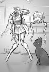 1girl android bishoujo_senshi_sailor_moon black_cat cat disembodied_head double_bun highres long_hair luna_(sailor_moon) mechanization monochrome no_feet psuede robot_joints sailor_moon sweatdrop tiara twintails 