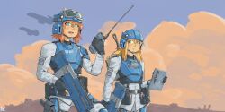  2girls ammunition_pouch assault_rifle backpack bag bandage_on_cheek blonde_hair blue_sky bull bulletproof_vest bullpup colorful_clouds explosive frown goggles goggles_on_headwear green_eyes grenade gun helldivers_(series) helmet highres holster looking_at_another multiple_girls orange_hair patch pouch radio_antenna rifle seaf_soldier_(helldivers) shoulder_patch signature sky stylus super_destroyer_(helldivers) tablet_pc thigh_holster tinybot_painter walkie-talkie weapon wrist_computer 