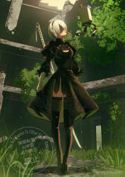  1girl 2b_(nier:automata) akashiacacia black_dress black_gloves black_hairband black_thighhighs blindfold boots breasts cleavage_cutout clothing_cutout commentary_request covered_eyes day doorway dress drone feather-trimmed_sleeves feather_trim full_body gloves grass hairband highres indoors juliet_sleeves leotard long_sleeves looking_at_another nier:automata nier_(series) pod_(nier:automata) profile puffy_sleeves robot ruins scenery short_hair standing sword thigh-highs thigh_boots thighhighs_under_boots tree virtuous_contract weapon white_hair white_leotard 
