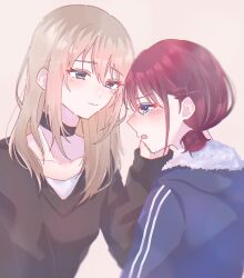  2girls black_choker black_sweater blue_eyes blue_jacket choker closed_mouth commentary_request crying crying_with_eyes_open girls_band_cry grey_eyes grey_hair hand_on_another's_cheek hand_on_another's_face highres iseri_nina jacket kawaragi_momoka long_hair low_twintails multicolored_hair multiple_girls open_mouth red_hair roots_(hair) short_hair short_twintails sidelocks simple_background sweater tears twintails white_background whwhgl yuri 