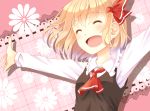  1girl ascot blonde_hair blush closed_eyes floral_background floral_print flower hair_ribbon happy hazakura_satsuki lace long_sleeves open_mouth outstretched_arms pink_background ribbon rumia shirt short_hair smile solo touhou white_shirt 