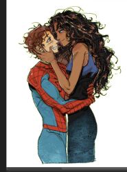  1boy 1girl animal_print arms_around_another's_waist belly-to-belly blue_tank_top blush bodysuit border brown_eyes brown_hair commentary_request couple cowboy_shot curly_hair dark-skinned_female dark_skin facing_another from_side hands_on_another's_face hetero highres hohoihoil hug korean_commentary leggings long_hair looking_at_another marvel michelle_"mj"_jones multicolored_bodysuit peter_parker print_bodysuit red_bodysuit short_hair sleeveless smile spider-man spider-man_(series) spider_print spider_web_print superhero_costume tank_top two-tone_bodysuit very_short_hair white_background 