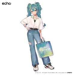  1girl 39 aqua_eyes artist_name bag bandaid bandaid_on_arm belt black_belt blue_pants bracelet braid character_name closed_mouth collared_shirt commentary_request company_name copyright_notice denim expressionless full_body hair_between_eyes hand_on_own_hip hassan_(sink916) hatsune_miku highres holding holding_bag jeans jewelry long_hair looking_at_viewer necklace pants second-party_source shirt shoelaces shoes simple_background sneakers solo torn_clothes torn_jeans torn_pants twin_braids vocaloid web_address white_background white_shirt white_shoes 