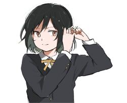 1girl black_jacket closed_mouth collared_shirt commentary highres jacket katayudetamago long_sleeves love_live! love_live!_nijigasaki_high_school_idol_club mifune_shioriko neck_ribbon nijigasaki_school_uniform orange_eyes ribbon school_uniform shirt simple_background solo tying_hair untranslatable_commentary upper_body white_background white_shirt winter_uniform yellow_ribbon 