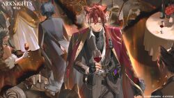 2boys animal_ears arknights bellone_(arknights) bishounen black_gloves black_jacket black_shirt black_suit brown_suit burning burning_photo burnt candelabra candle candlestand chain chain_necklace chest_harness coat coat_on_shoulders commentary compression_shirt copyright_logo copyright_notice cup diamond_(shape) diamond_facial_mark drinking_glass facial_mark facing_away fingerless_gloves from_above gloves hair_over_shoulder hand_in_pocket harness highres holding holding_cup hou_(ppo) infection_monitor_(arknights) jacket jacket_on_shoulders jewelry logo long_hair low_ponytail male_focus mark_under_eye multicolored_hair multiple_boys necklace official_art pants partially_unbuttoned people pinstripe_jacket pinstripe_pants pinstripe_pattern ponytail red_coat red_hair round_table second-party_source shirt streaked_hair suit table tablecloth tail turtleneck turtleneck_shirt vigil_(arknights) violet_eyes white_shirt white_streaks wine_glass wolf_boy wolf_ears wolf_tail 