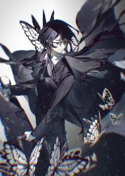  1boy ascot black_ascot black_butterfly black_cape black_eyes black_hair black_jacket black_pants black_suit brooch bug butterfly butterfly_hair_ornament cape chinese_commentary chromatic_aberration closed_mouth collared_shirt commentary_request e.g.o_(project_moon) floating_hair gem gloves hair_ornament highres holding holding_weapon jacket jewelry limbus_company long_hair long_sleeves looking_to_the_side low_ponytail male_focus pants ponytail project_moon shirt solemn_lament_(e.g.o) solo sontakumuyo suit very_long_hair weapon white_butterfly white_gloves white_shirt yi_sang_(project_moon) 