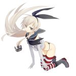  1girl anchor black_panties blonde_hair elbow_gloves gloves harano kantai_collection long_hair looking_at_viewer panties shimakaze_(kantai_collection) simple_background solo striped striped_legwear thighhighs underwear very_long_hair white_background white_gloves 