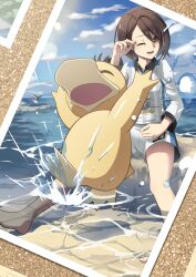  1girl :d absurdres barefoot brown_eyes brown_hair clouds collared_shirt commentary_request day feet gloria_(pokemon) gym_challenge_uniform hand_up highres one_eye_closed open_mouth outdoors photo_(object) pokemon pokemon_(creature) pokemon_sword_and_shield psyduck sharpedo shirt short_hair shorts sky smile splashing teeth toes water water_drop yukishima_(hi_kyou) 