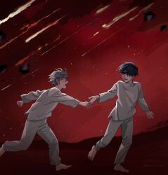  2boys alien_stage artist_name barefoot birthday black_eyes black_hair cactusute commentary english_commentary green_eyes grey_hair highres holding_hands instagram_logo ivan_(alien_stage) long_sleeves male_focus multiple_boys open_mouth running short_hair thick_eyebrows till_(alien_stage) tumblr_logo twitter_logo very_short_hair 