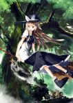  1girl apron black_dress blonde_hair bow broom broom_riding brown_eyes dress flying forest hat hat_bow highres kirisame_marisa lantern long_hair nature open_mouth puffy_sleeves shirt short_sleeves smile solo squirrel tetsurou_(fe+) touhou witch_hat 