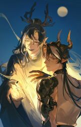  2boys absurdres antlers arknights armor black_gloves black_hair black_robe blue_background blue_sky chinese_clothes chinese_commentary chongyue_(arknights) chunbuchou clear_sky commentary_request dragon_boy dragon_horns earrings expressionless fangs full_moon gloves hair_between_eyes highres horns jewelry long_hair long_sleeves looking_at_another looking_at_viewer looking_back male_focus moon multicolored_hair multiple_boys night open_mouth outdoors parted_bangs parted_lips pauldrons pointy_ears red_eyes robe shirt shoulder_armor single_pauldron sky sleeveless sleeveless_shirt smile streaked_hair teeth two-tone_hair upper_body wang_(arknights) white_hair white_shirt wide_sleeves yellow_eyes 