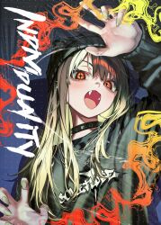  1girl absurdres beanie black_choker chain chain_earrings chain_necklace choker claw_pose comitia comitia_154 commentary_request cross-shaped_pupils english_text fangs from_below green_hair green_nails green_sweater hand_up hat highres jewelry long_hair long_sleeves looking_at_viewer necklace open_mouth orange_eyes original print_sweater santa_hat sigta solo spiked_choker spikes sweater symbol-shaped_pupils 