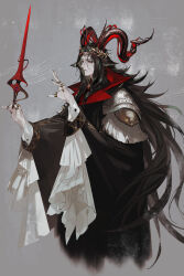  1boy animal_ears arknights black_hair black_robe brown_horns chinese_commentary commentary_request cropped_legs curled_horns from_side grey_background hands_up highres holding holding_wand horns jewelry kaifei_(kaifei_29) long_hair loose_hair_strand middle_part multicolored_horns multiple_rings narrowed_eyes red_horns ring robe serious sheep_boy sheep_ears sheep_horns solo tear_troughs two-tone_horns wand witch_king_(arknights) 