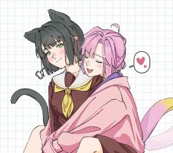  2girls :d ahoge animal_ears anyoji_hime black_hair blunt_bangs blunt_ends blush bob_cut brown_dress cat_ears cat_girl cat_tail closed_mouth collarbone commentary curtained_hair dog_ears dog_girl dog_tail dotted_line dress english_commentary flower flower_knot gradient_tail green_eyes grid_background hair_flower hair_ornament hasu_no_sora_school_uniform hood hood_down hooded_jacket hug hug_from_behind jacket long_hair long_sleeves love_live! love_live!_hasu_no_sora_jogakuin_school_idol_club mixed-language_commentary momose_ginko multi-tied_hair multiple_girls neckerchief open_mouth pink_hair pink_jacket ponytail porari puff_of_air sailor_collar sailor_dress school_uniform short_hair sidelocks smile tail virtual_youtuber white_flower white_sailor_collar winter_uniform yellow_neckerchief yuri 
