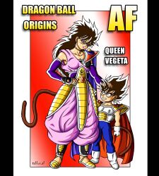  absurdres armor baggy_pants belt blue_bodysuit bodysuit boots breasts brown_hair cape collarbone dragon_ball_af earrings faulds gauntlets gradient_background hair_between_eyes hair_over_one_eye hand_on_another's_head hand_on_own_hip highres jewelry lipstick long_hair looking_down looking_up makeup monkey_tail mother_and_child necklace open_mouth pants parent_and_child purple_cape red_background red_cape saiyan saiyan_armor signature sleeveless small_breasts smile tablosaf tail thick_eyebrows vegeta white_background white_boots 