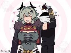  1boy 1girl 2026 alienwacc blush breasts caesar_king_(zenless_zone_zero) commentary english_commentary heart height_difference highres large_breasts light_blush monochrome muscular muscular_female pencil_skirt short_hair signature skirt smile sweat sweatdrop taller_female_shorter_male teeth tomboy zenless_zone_zero 