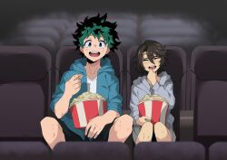  black_hair black_shorts blue_jacket boku_no_hero_academia brown_hair chair closed_eyes commentary couch crossover english_commentary food freckles glasses green_eyes green_highlights grey_jacket highres holding holding_food hood hooded_jacket jacket long_sleeves messy_hair midoriya_izuku momijiyama_teru movie_theater open_clothes open_jacket open_mouth pants popcorn short_hair shorts shy_(series) sleeves_rolled_up smile teeth videos_studios 
