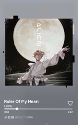  1boy absurdres alien_stage artist_name blonde_hair cactusute clothing_cutout colored_eyelashes commentary english_commentary english_text frilled_sleeves frills full_moon hair_between_eyes highres instagram_logo long_sleeves luka_(alien_stage) male_focus media_player_interface moon outstretched_arms parted_lips pause_button progress_bar puffy_long_sleeves puffy_sleeves repeat_button ruler_of_my_heart_(alien_stage) shirt short_hair shuffle_button solo song_name spotify spread_arms tumblr_logo twitter_logo very_short_hair white_shirt yellow_eyes 