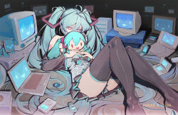  1girl 2026 aqua_eyes aqua_hair aqua_necktie artist_name black_sleeves cellphone character_doll commentary computer controller detached_sleeves doll flip_phone game_console game_controller gamecube grey_shirt handheld_game_console hatsune_miku headset highres holding holding_stuffed_toy idog ipod laptop long_hair monitor mp3_player necktie nintendo nintendo_ds nokia_3310 number_tattoo peaceablecolt phone shirt sleeveless sleeveless_shirt solo stuffed_toy tamagotchi tamagotchi_(virtual_pet) tattoo twintails very_long_hair virtual_pet_(toy) vocaloid wii_remote 