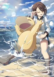  1boy 1girl :d absurdres barefoot brown_eyes brown_hair clouds collared_shirt commentary_request day feet gloria_(pokemon) gym_challenge_uniform hand_up highres one_eye_closed open_mouth outdoors pokemon pokemon_(creature) pokemon_sword_and_shield psyduck sharpedo shirt short_hair shorts sky smile splashing teeth toes water water_drop yukishima_(hi_kyou) 