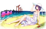  1girl bare_shoulders barefoot beach blue_eyes breasts cellphone cleavage collarbone crab dress hat koimonogatari monogatari_(series) phone purple_hair ryuuzaki_ichi senjougahara_hitagi solo sun_hat tori water 