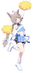  1girl :d absurdres ahoge alternate_costume animal_ears bike_shorts bike_shorts_under_skirt blue_archive blue_background blue_bow blush bow braid braided_ponytail brown_hair cheerleader commentary crop_top elbow_gloves foot_up_heel_up fox_ears fox_girl gloves hair_ornament hair_ribbon hairclip halterneck highres kneehighs long_hair looking_at_viewer miso_(misomiso_154) missing_halo open_mouth otogi_(blue_archive) parallel_hairclips pom_pom_(cheerleading) ribbon shoes simple_background skirt smile socks solo untranslatable_commentary very_long_braid white_background 
