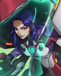  1girl artist_name blue_eyes body_armor bodysuit breasts breikka closed_mouth cockpit commentary curtained_hair d.mon_(overwatch) english_commentary eyelashes from_above headpiece long_hair looking_at_viewer mecha medium_breasts multicolored_bodysuit overwatch parted_bangs purple_hair robot 