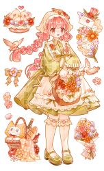  1girl absurdres ahoge animal apron baguette basket bird blue_flower blunt_bangs blunt_ends bottle bouquet bow bowtie braid bread brown_eyes bug butterfly buttons cat cloak clothed_animal collared_dress country_lolita daisy_(flower) dot_nose dove dress ear_covers envelope eyelashes floral_print flower flower_basket food food_bite frilled_apron frilled_socks frills full_body green_bow green_dress green_pastoral_(shining_nikki) green_shoes hair_flower hair_ornament hat hat_flower headscarf heart highres holding holding_basket hood hood_up hooded_cloak in_basket in_container jingyanyan kneehighs lace-trimmed_headwear lace_trim light_blush lolita_fashion long_hair long_sleeves looking_at_animal looking_at_viewer low_twin_braids mary_janes medium_dress momo_(nikki) nikki_(nikki) nikki_(series) open_mouth orange_flower pink_butterfly pink_flower pink_hair pink_rose plaid_clothes plaid_dress pleated_dress print_apron procreate_(medium) puffy_long_sleeves puffy_sleeves red_bow red_bowtie red_flower rose sample_watermark shining_nikki shoes simple_background smile socks standing tachi-e tareme teeth traditional_bowtie tulip twin_braids unmoving_pattern upper_teeth_only upturned_eyes very_long_hair waist_bow watermark wax_seal whiskers white_apron white_background white_cat white_headscarf white_socks wine_bottle yellow_cloak 
