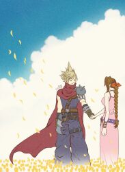  1boy 1girl 2020 aerith_gainsborough armor artist_name baggy_pants bare_shoulders belt blonde_hair blue_pants blue_shirt blue_sky bracelet braid braided_ponytail breasts brown_belt brown_gloves brown_hair cloak cloud_strife couple dress falling_petals fig82117s final_fantasy final_fantasy_vii gloves hair_ribbon hetero highres holding_hands jewelry kingdom_hearts leg_belt light_smile long_dress long_hair looking_at_viewer medium_breasts multiple_bracelets official_alternate_costume pants parted_bangs pauldrons petals pink_dress purple_belt red_cloak red_ribbon ribbed_shirt ribbon shirt short_hair shoulder_armor sidelocks single_braid single_pauldron sky sleeveless sleeveless_dress spaghetti_strap spiky_hair yellow_petals 