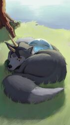  2others absurdres animal commentary english_commentary grass highres horns lyknoe multiple_others one_eye_closed outdoors ranga_(tensura) rimuru_tempest rimuru_tempest_(slime) slime_(creature) tail tensei_shitara_slime_datta_ken tree water 