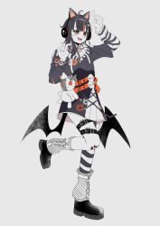  1girl absurdres ahoge animal_ear_headphones animal_ears arm_belt asymmetrical_legwear asymmetrical_sleeves bandaid bandaid_on_leg bat_wings belt belt_collar black_choker black_hair black_shoes black_sweater cat_ear_headphones cat_ears choker collar commentary cross-laced_clothes cross-laced_dress eyeball_hair_ornament fake_animal_ears full_body hairpin_(user_jnap7255) headphones highres leg_belt long_sleeves looking_at_viewer loose_socks mahou_shoujo_no_majo_saiban multicolored_hair off_shoulder open_mouth orange_eyes orange_streaks sawatari_coco shirt shoes short_hair simple_background single_thighhigh skirt skirt_under_dress skull sleeveless sleeveless_shirt socks solo streaked_hair striped_clothes striped_sleeves striped_thighhighs stuffed_animal stuffed_cat stuffed_toy sweater teeth thigh-highs upper_teeth_only white_background white_shirt white_skirt wings 