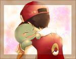  1boy baseball_cap black_hair blush closed_eyes from_behind haruno_(flower7_nagi) hat hug open_mouth pokemon pokemon_(creature) pokemon_(game) red_(pokemon) red_(pokemon)_(classic) short_hair smile squirtle 