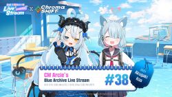  2girls :d akugaki_koa animal_ears antenna_hair arm_belt arona_(blue_archive) artist_request black_dress black_skirt blue_archive blue_bow blue_dress blue_eyes blue_ribbon blue_sailor_collar bow buckle chromashift commentary cosplay dated demon_girl demon_horns demon_tail demon_wings desk diamond-shaped_pupils diamond_(shape) dress english_commentary english_text fang fox_ears fox_girl gothic_lolita hair_bow hair_ornament hairclip heart heart-shaped_buckle heart_antenna_hair heterochromia highres horns layered_dress locker lolita_fashion long_hair looking_at_viewer microphone multiple_girls multiple_hair_bows multiple_hairclips neckerchief official_art open_mouth pleated_skirt promotional_art red_neckerchief ribbon sailor_collar school_desk school_uniform serafuku skin_fang skirt smile symbol-shaped_pupils tail upper_body very_long_hair virtual_youtuber water white_serafuku wings yellow_eyes 