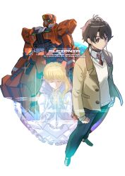  1boy 1girl absurdres aldnoah.zero asseylum_vers_allusia black_pants blazer blonde_hair brown_eyes brown_hair brown_jacket closed_eyes collared_shirt commentary dress earphones english_text facing_viewer highres jacket kaizuka_inaho kataphrakt_(aldnoah.zero) kg-6_sleipnir long_hair long_sleeves looking_at_viewer mecha necktie own_hands_together pants red_necktie robot school_uniform science_fiction shirt short_hair sweater_vest white_dress white_shirt yokoji_(kodai2015) 